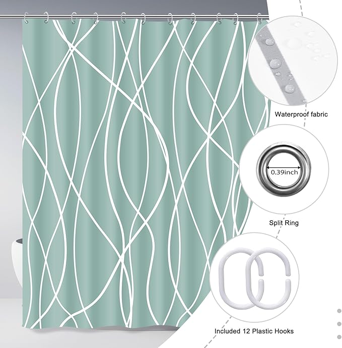 Punkray Light Green Shower Curtain for Bathroom with Hooks Shower Curtain Set, White Stripe Bath Curtains Decorative Shower Curtains Water Repellent Washable, 72 x 72