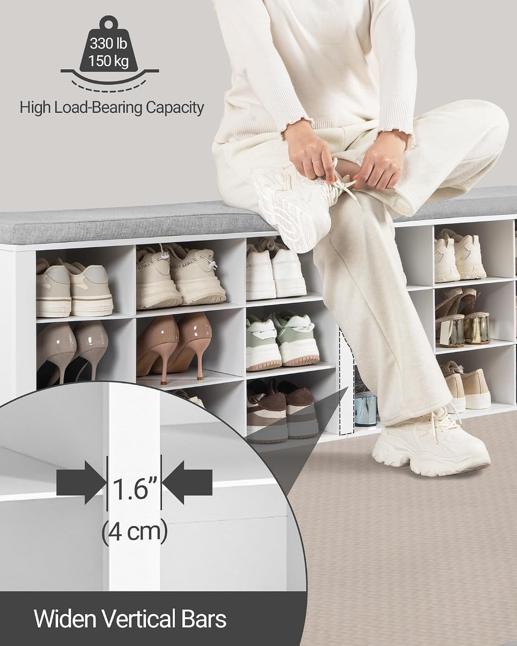 Hzuaneri Shoe Storage Bench with Cushion, Entryway Storage Bench with 18 Cubbies, 9.5" Widened Organizer Cabinet, Long Cubby Rack for Living Room, Bedroom, Entryway, White SB25703GY