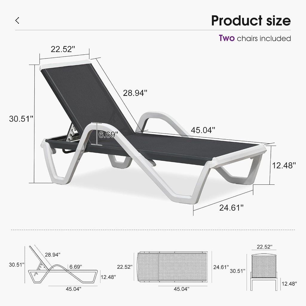 PURPLE LEAF Lounge Chair Outdoor Set of 2 w/Armrest & 1 Table, Dark Grey | Easy Assembly, Clear step-by-step instructions and simple hardware help you set up the lounge chairs in just a few minutes