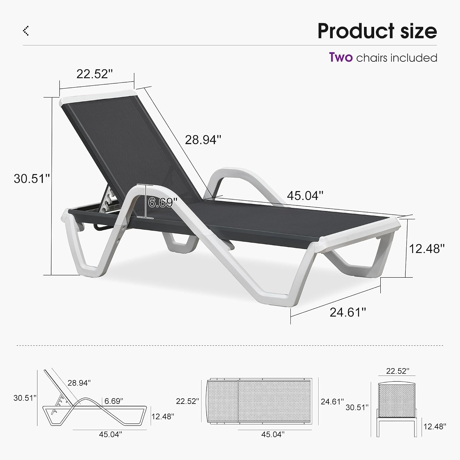 PURPLE LEAF Lounge Chair Outdoor Set of 2 w/Armrest & 1 Table, Dark Grey | Easy Assembly, Clear step-by-step instructions and simple hardware help you set up the lounge chairs in just a few minutes