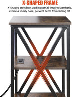 Square End Table with Charging Station, 3-Tier End Table Living Room, 16" D X 16" W X 28" H, Wood and Metal Table with USB Ports and Outlets, Side Table with Wheels for Living Room, Bedroom, Kitchen