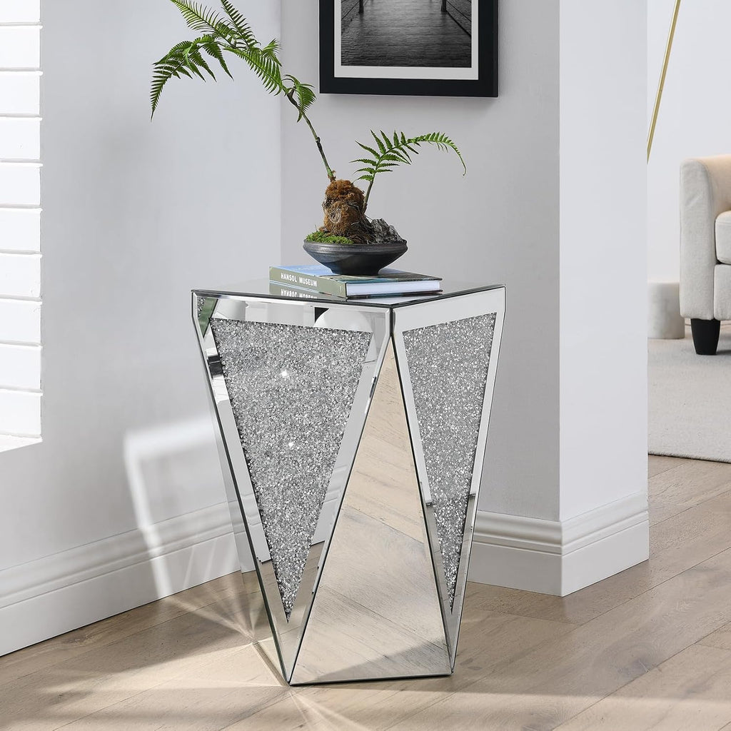 Crystal Mirrored Side Table, Living Room Side Table Sofa Couch Side Tables, Mid Century Modern End Table Accent Table, Small End Table Bedside Tables Mirrored Nightstand for Bedroom Corner