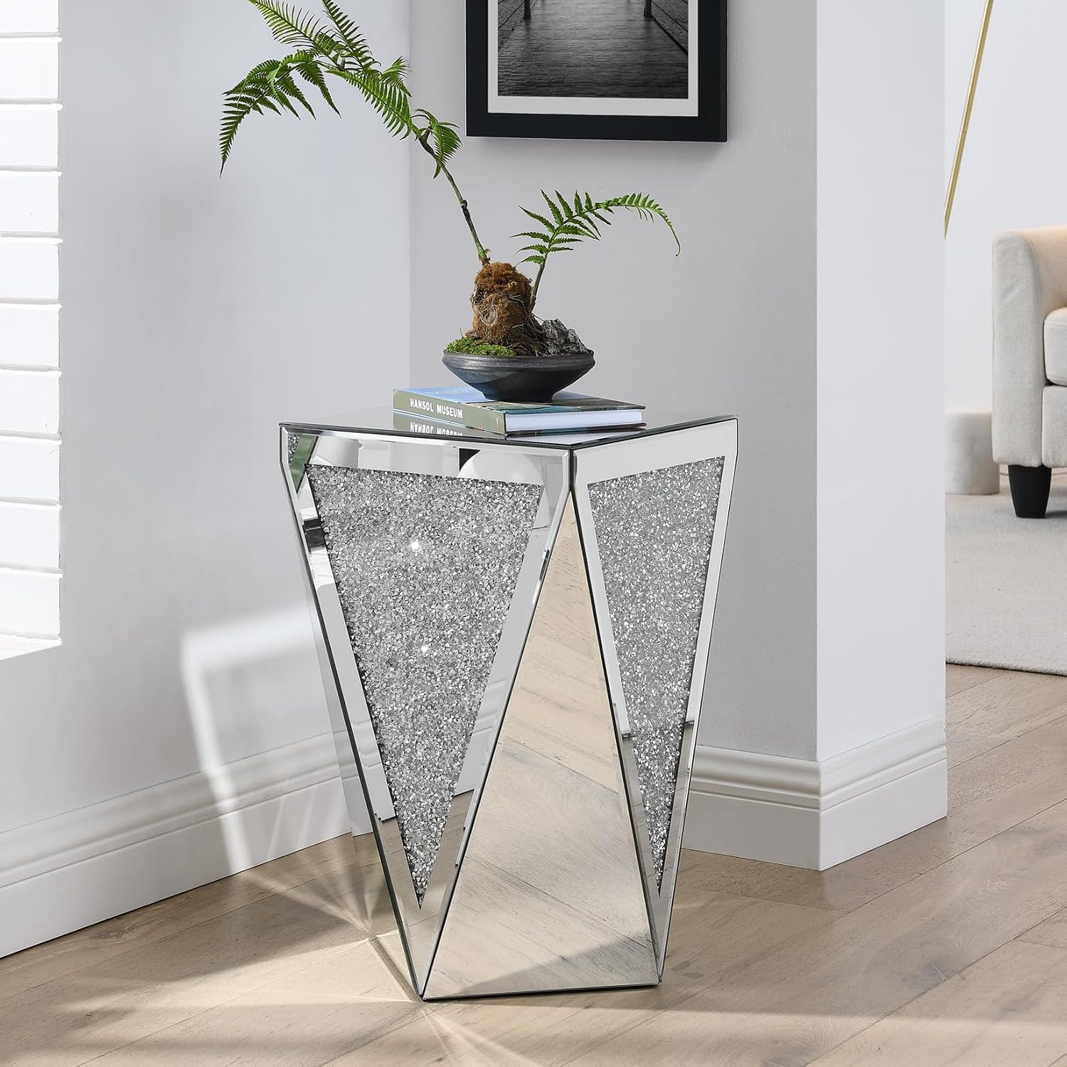 Crystal Mirrored Side Table, Living Room Side Table Sofa Couch Side Tables, Mid Century Modern End Table Accent Table, Small End Table Bedside Tables Mirrored Nightstand for Bedroom Corner