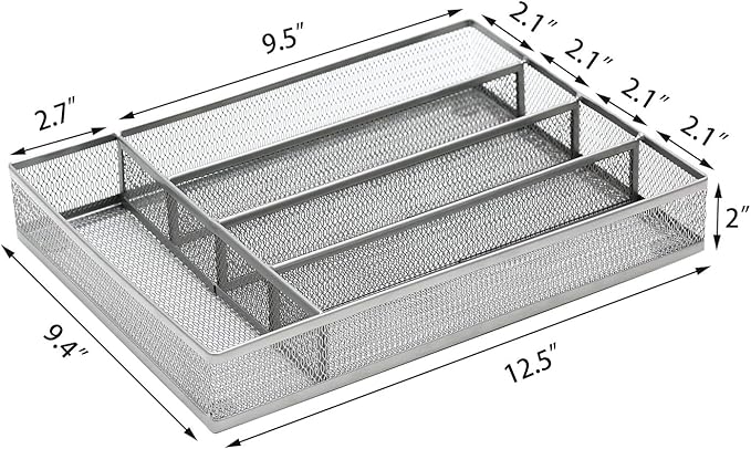 JANE EYRE Drawer Organizer, Cutlery Tray Silverware Flatware Storage Divider for Kitchen, Mesh Wire with Non-slip Foam Feet, 5 Component, Silver