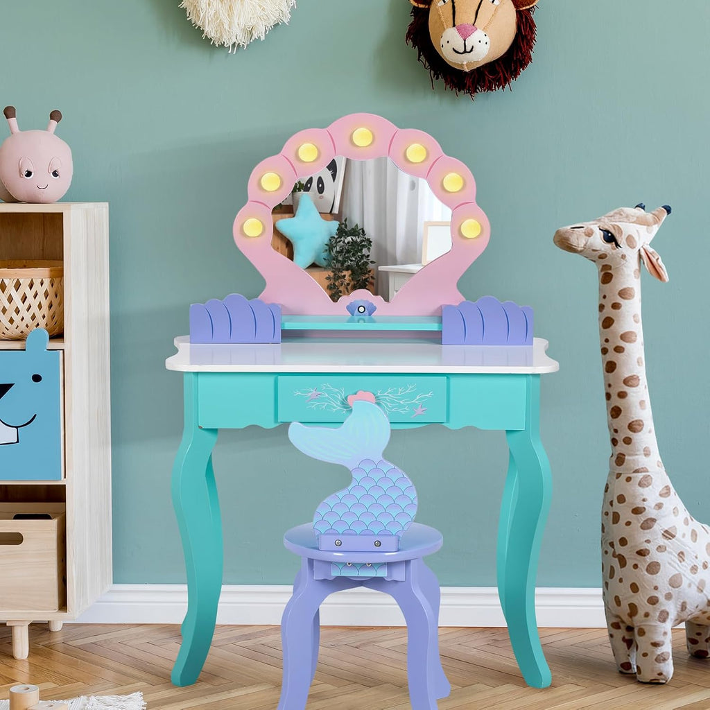 BRINJOY Kids Vanity with Lighted Mirror and Chair | Wooden Princess Vanity for Girls, 2 in 1 Ocean Theme Children Dressing Table Set, Little Girl Makeup Vanity with Mirror Gift