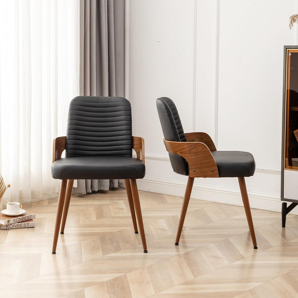 Dining Room Chairs,Mid Century Modern Kitchen Chairs,Upholstered Faux Leather Accent Chairs,Metal Legs Wooden Desk Chairs,Armless and No Wheels for Kitchen Dining Living Room,Black,1PCS