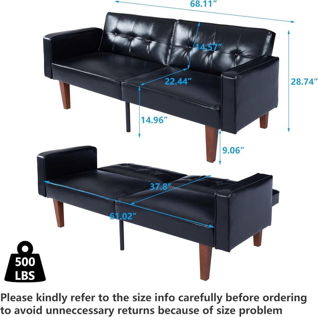 mikibama Convertible PU Leather Black Futon Sofa Bed with Split Back,Mid Century Modern Sleeper Couch Beds,68.11" Tufted Loveseat Futons for Living Room RV, Small Spaces