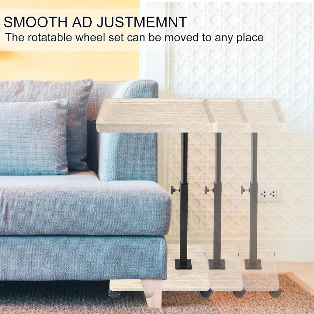 Simcat Adjustable Height C Shaped End Table, 360° Swivel Side Table TV Tray for Small Place, Couch Tables with Wheels Sofa, Bed, Chair (White Grain)