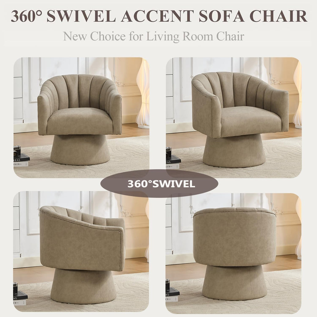 Swivel Accent Chair, Faux Leather 360° Swivel Barrel Chair Upholstered Modern Living Room Chair, Overstuffed Reading Armchair for Bedroom,Vanity,Office-Dark Apricot