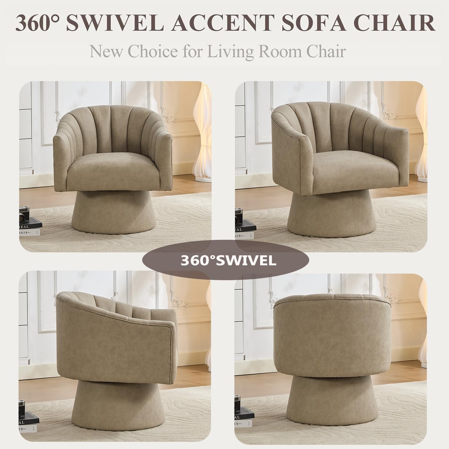 Swivel Accent Chair, Faux Leather 360° Swivel Barrel Chair Upholstered Modern Living Room Chair, Overstuffed Reading Armchair for Bedroom,Vanity,Office-Dark Apricot