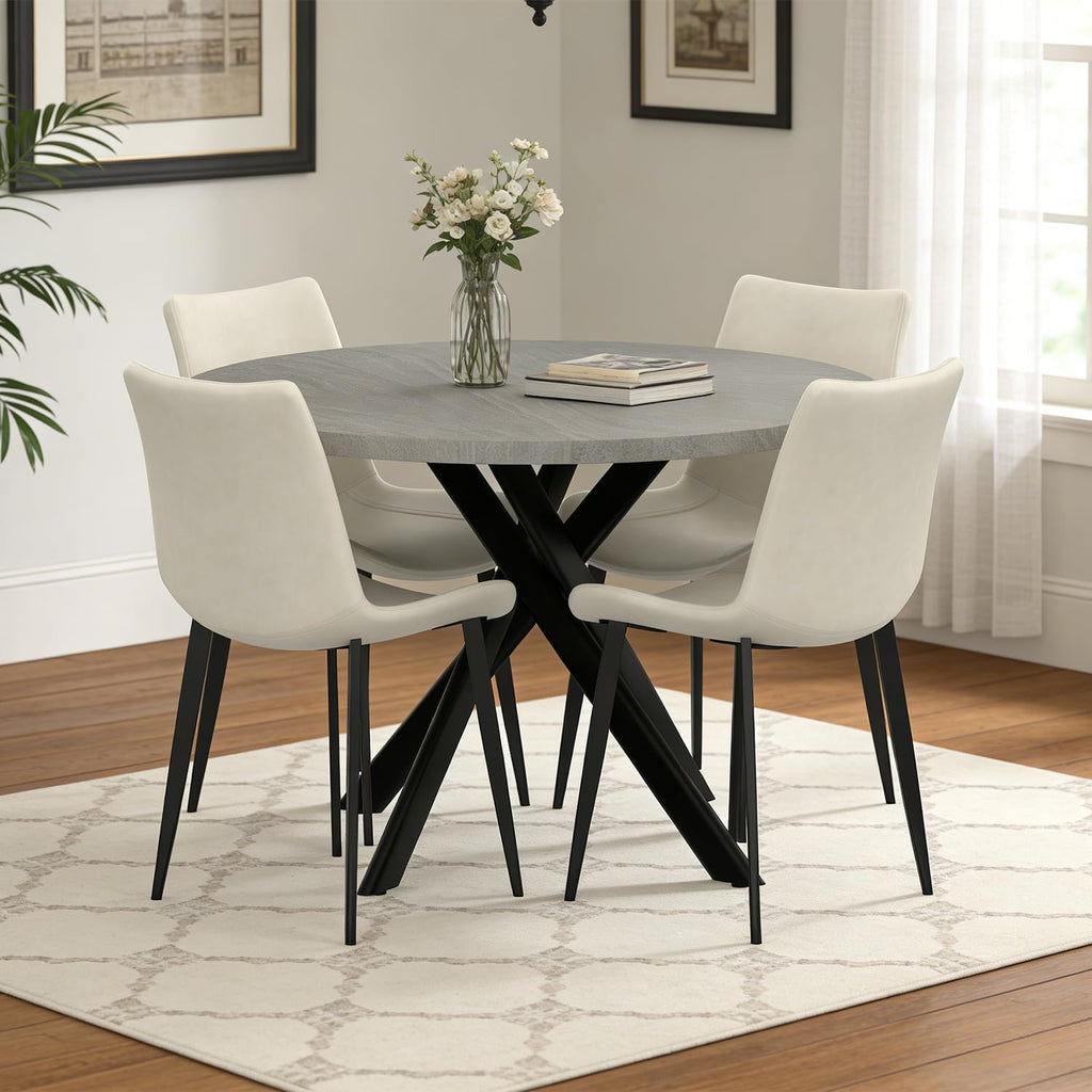 44" Round Dining Table with Chair Set for 4, Modern Mid-Century Dining Table Set of 4, Cozy Dinette Sets with Metal Leg for Kitchen Dining Room Apartment(Gray Table + Beige Chairs) | Cushioned Minimalist Beige Chairs of 4, Mid-Century Grey Tabletop