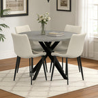 44" Round Dining Table with Chair Set for 4, Modern Mid-Century Dining Table Set of 4, Cozy Dinette Sets with Metal Leg for Kitchen Dining Room Apartment(Gray Table + Beige Chairs) | Cushioned Minimalist Beige Chairs of 4, Mid-Century Grey Tabletop