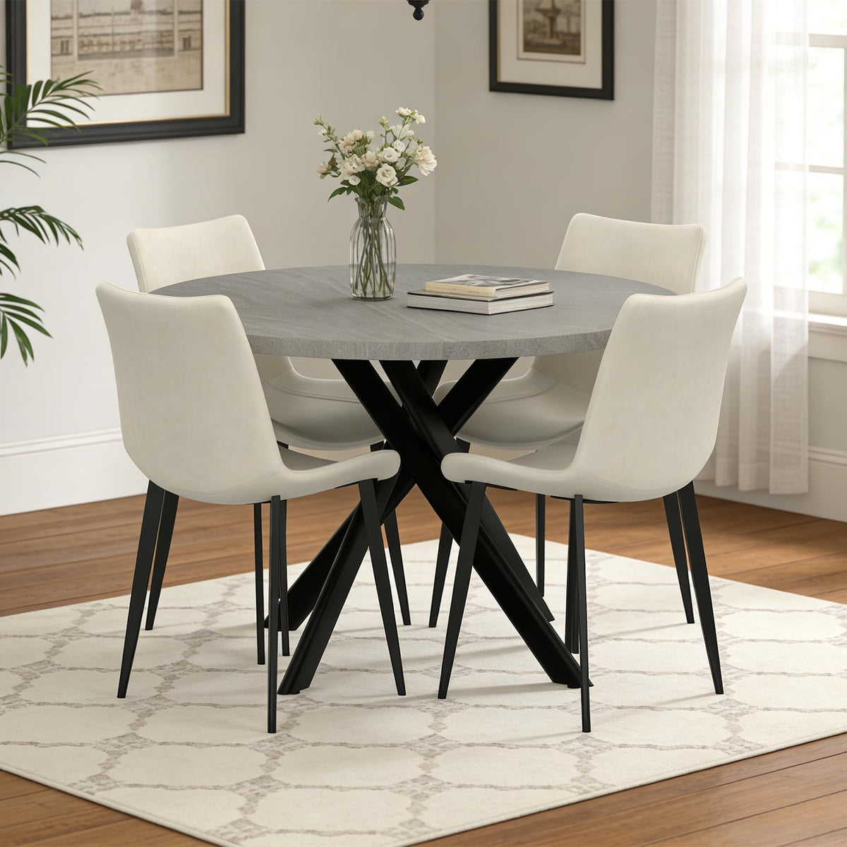 44" Round Dining Table with Chair Set for 4, Modern Mid-Century Dining Table Set of 4, Cozy Dinette Sets with Metal Leg for Kitchen Dining Room Apartment(Gray Table + Beige Chairs) | Cushioned Minimalist Beige Chairs of 4, Mid-Century Grey Tabletop