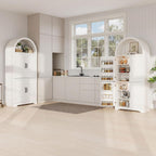 70" Tall Arched Pantry Cabinet, Kitchen Cupboard with Barn Doors, Adjustable Shelves & 3-Color Human Sensor LED Lights for Kitchen/Living Room, White
