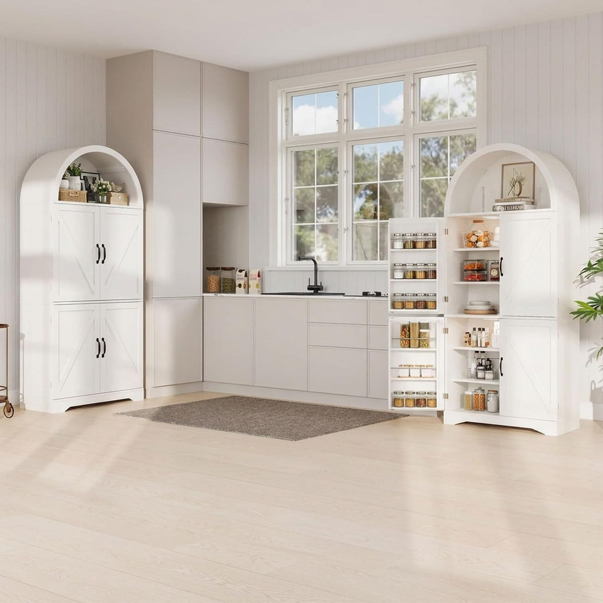 70" Tall Arched Pantry Cabinet, Kitchen Cupboard with Barn Doors, Adjustable Shelves & 3-Color Human Sensor LED Lights for Kitchen/Living Room, White
