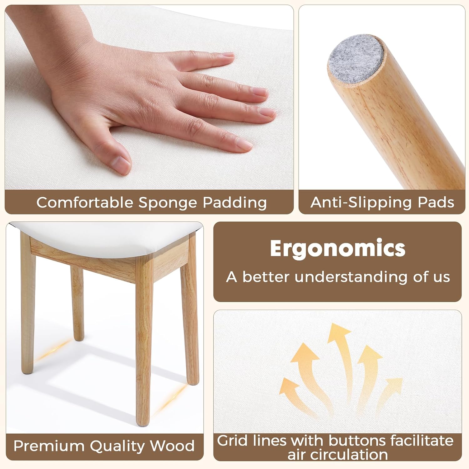18" Small Vanity Chair Ottoman Bench Saddle Cushion Linen Beige | Soft Saddle Linen Stool, Footrest, Ottoman, Compact for Bedrooms, Living Rooms. Sturdy Esay Assembly(Classic-Beige)