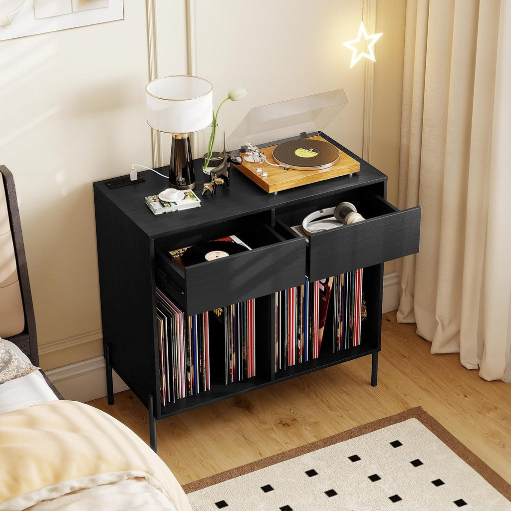 LOKO Large Record Player Stand with Charging Station, Vinyl Record Holder with Storage Compartments & 2 Drawers, Turntable Display Stand with Metal Legs for Living Room, Bedroom, Office (Black)