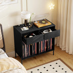 LOKO Large Record Player Stand with Charging Station, Vinyl Record Holder with Storage Compartments & 2 Drawers, Turntable Display Stand with Metal Legs for Living Room, Bedroom, Office (Black)