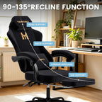 Gaming Chair with Footrest, Game Chair with Lumbar and Headrest Massage Support for Adults, Ergonomic Fabric High Back Computer Desk Gamer Chair with 360°Swivel Wheels for Office, Black