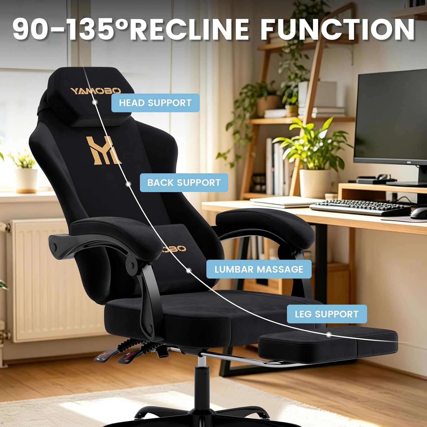 Gaming Chair with Footrest, Game Chair with Lumbar and Headrest Massage Support for Adults, Ergonomic Fabric High Back Computer Desk Gamer Chair with 360°Swivel Wheels for Office, Black