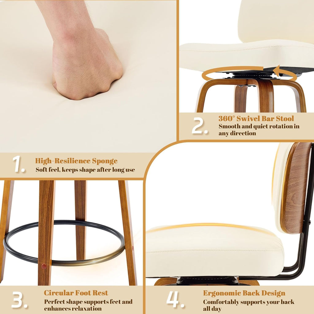 Counter Height Bar Stools Set of 3, 26+inch Swivel Faux Leather Barstool with Back, Upholstered Mid-Century Modern Bar Chairs with Bent Wood Legs for Kitchen Counter, Dining Room, Cream White