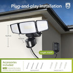 Philips 36W Motion Sensor Security Lights Outdoor, 3800 LM LED Dusk to Dawn Plug in Flood Light, 3 Adjustable Heads, 5000K Daylight, Waterproof for Garage, Yard, Porch