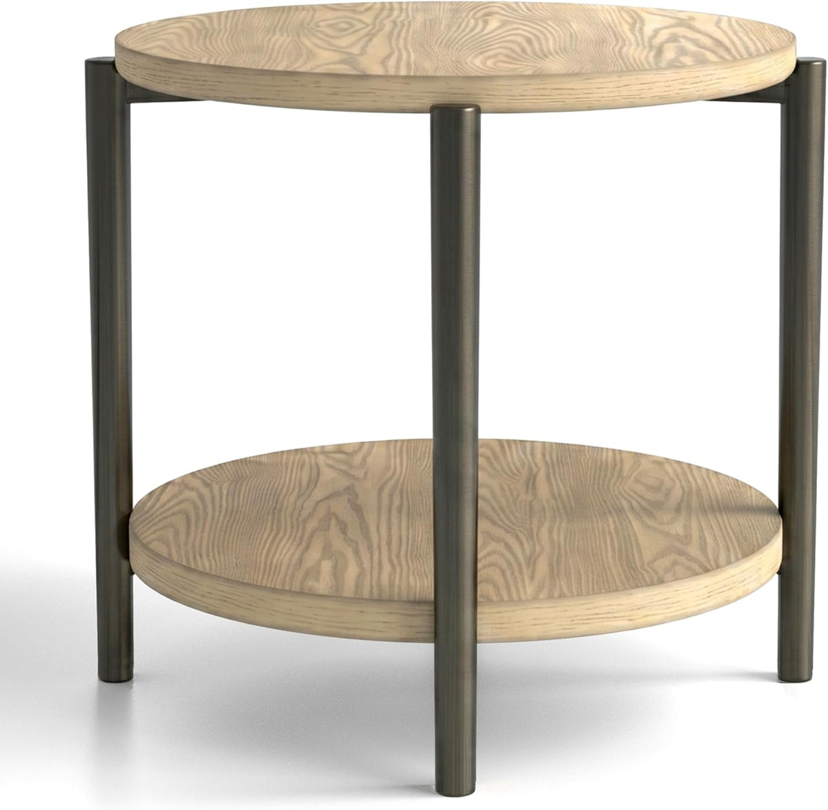 Furniture of America Onos Modern Solid Wood 26.6-inch Round End Table with Open Bottom Shelf, Metal Legs for Living Room, Natural