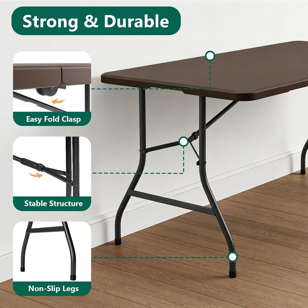 Folding Table, 5ft Portable Foldable Table Picnic Table with Carry Handle Plastic Table, Brown