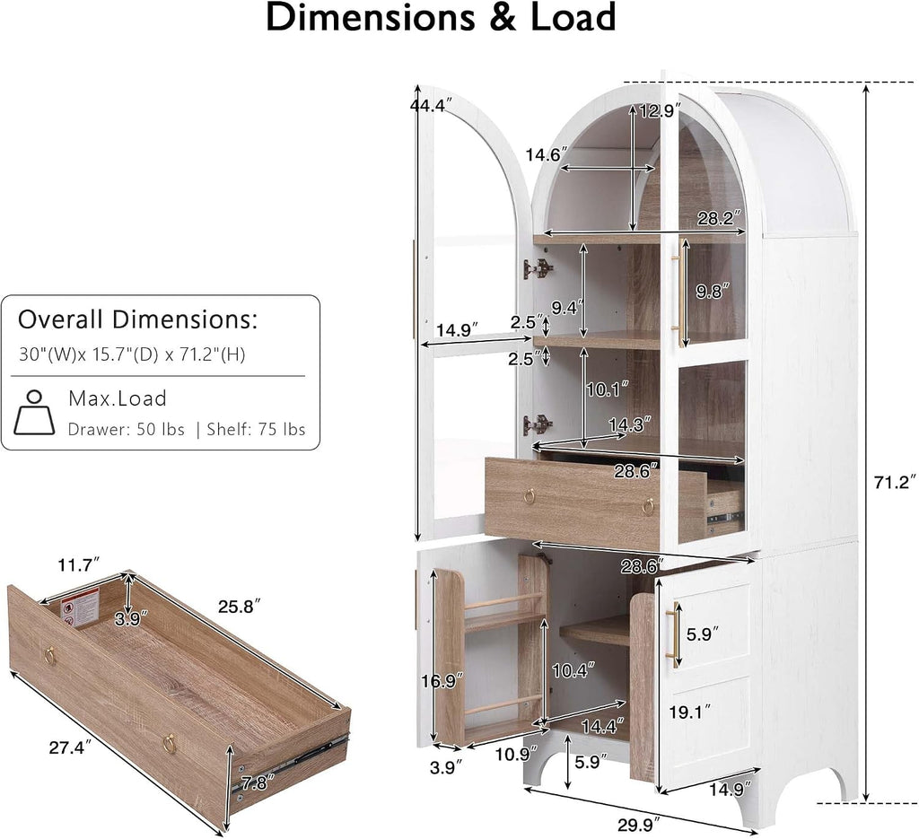 71" Tall Arched Cabinet with Glass Doors, Farmhouse Kitchen Storage Cabinet with Hidden Drawer and Adjustable Shelves, Hutch Cabinets for Dining Room, Bathroom (White)