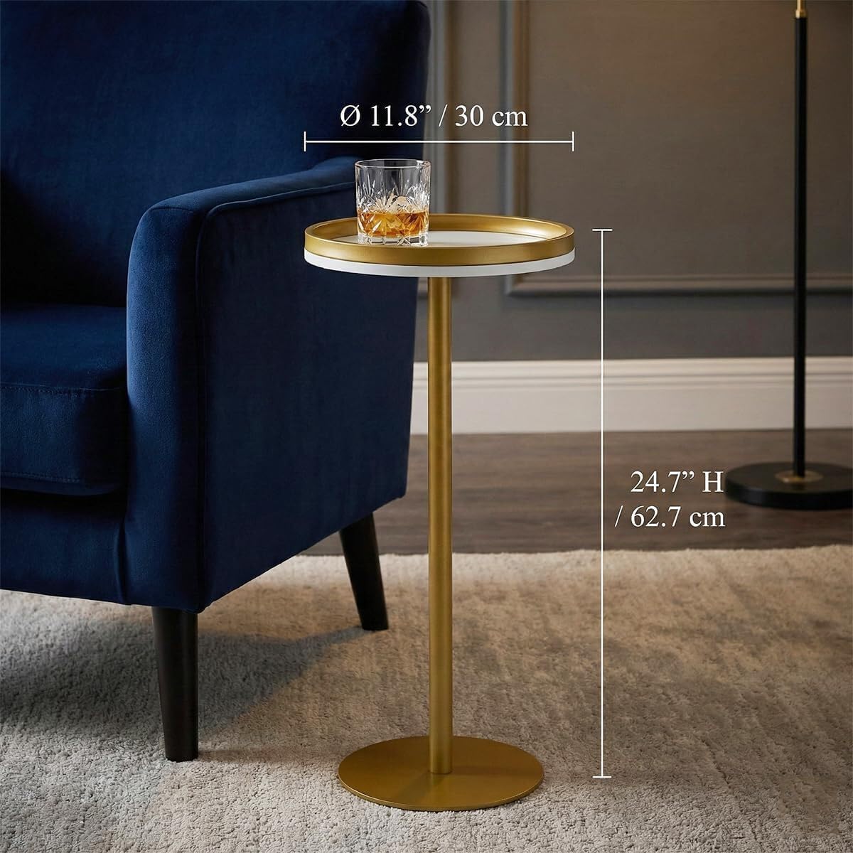 Martini Table, Small Round Drink Table with Weighted Base,Modern White & Gold Pedestal End Table with Tray Top Edge for Small Spaces, Living Room, Next to Sofa,24.7 "Tall