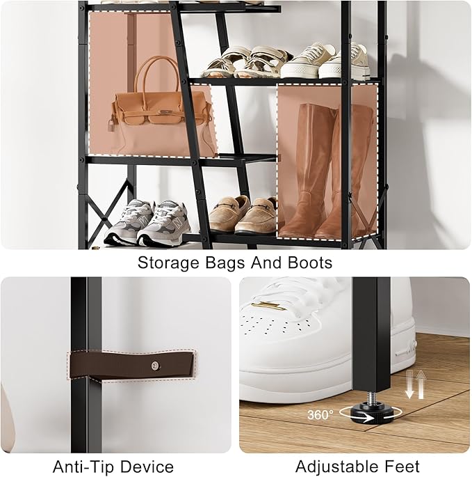 Shoe Rack, 10 Tier Boot Rack, Wooden Storage Organizer for Tall Boots, Large Capacity Metal Shoe Shelf Holds 17-20 Pairs of Shoes, Durable and Stable, for Entryway, Closet, Rustic Brown