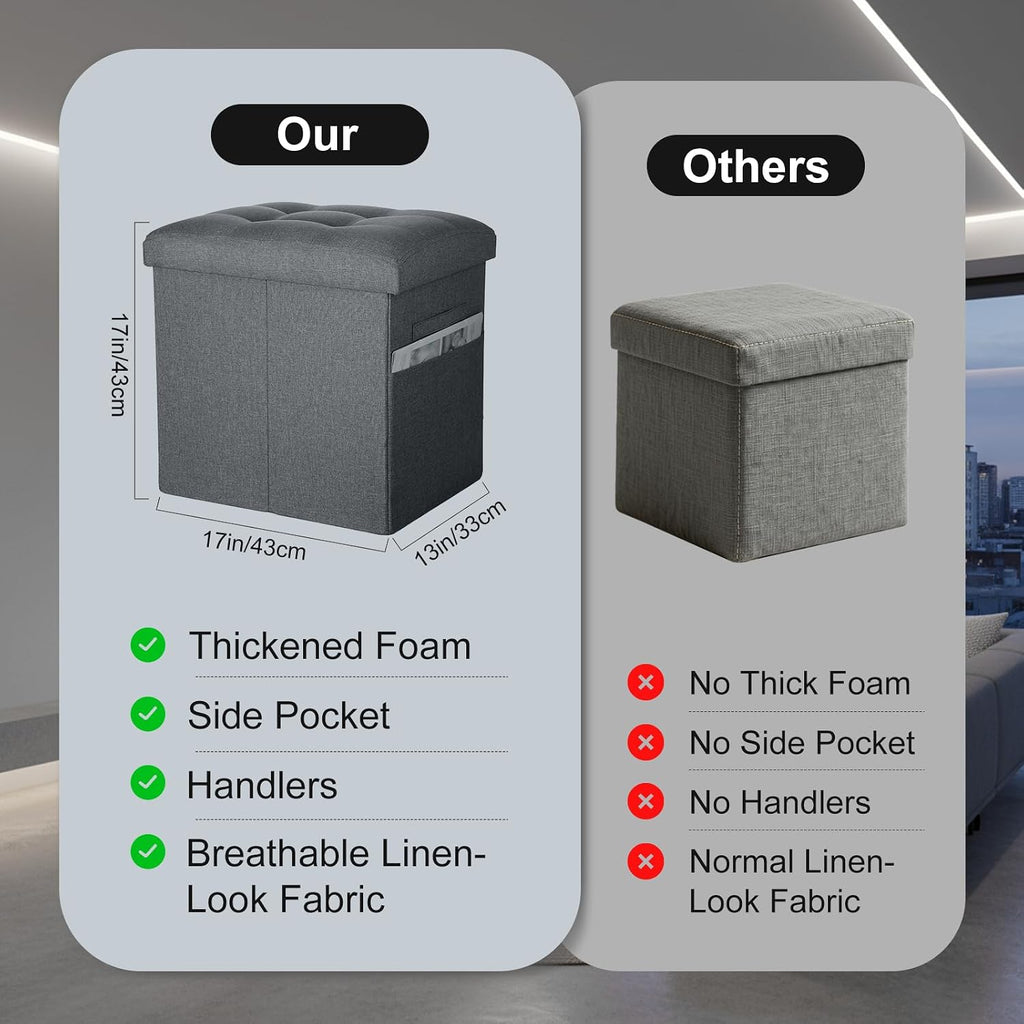 Storage Ottoman, Upgraded 17" High Foot Stools Ottoman for Dorm, Dark Gray | Folding Linen Foot Rest with Thicker Foam Padded Seat. Small Ottoman for Living Room with Side Pocket & Handles, 17x13x17in