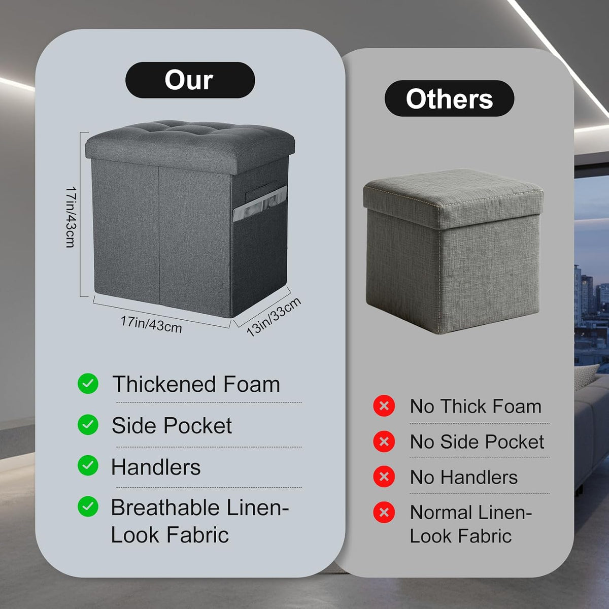 Storage Ottoman, Upgraded 17" High Foot Stools Ottoman for Dorm, Dark Gray | Folding Linen Foot Rest with Thicker Foam Padded Seat. Small Ottoman for Living Room with Side Pocket & Handles, 17x13x17in