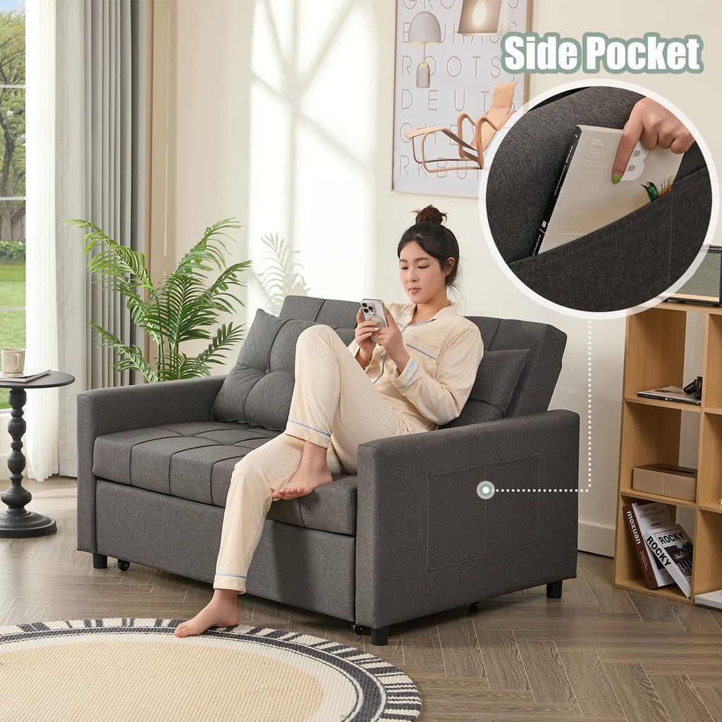 GOSUHI 52" 3-in-1 Convertible Sleeper Sofa Bed, Linen, Dark Gray | Pull-Out Bed, Stepless Adjustable Backrest, Side Pocket, Compact Loveseat, Living Room, Dorm & Apartment