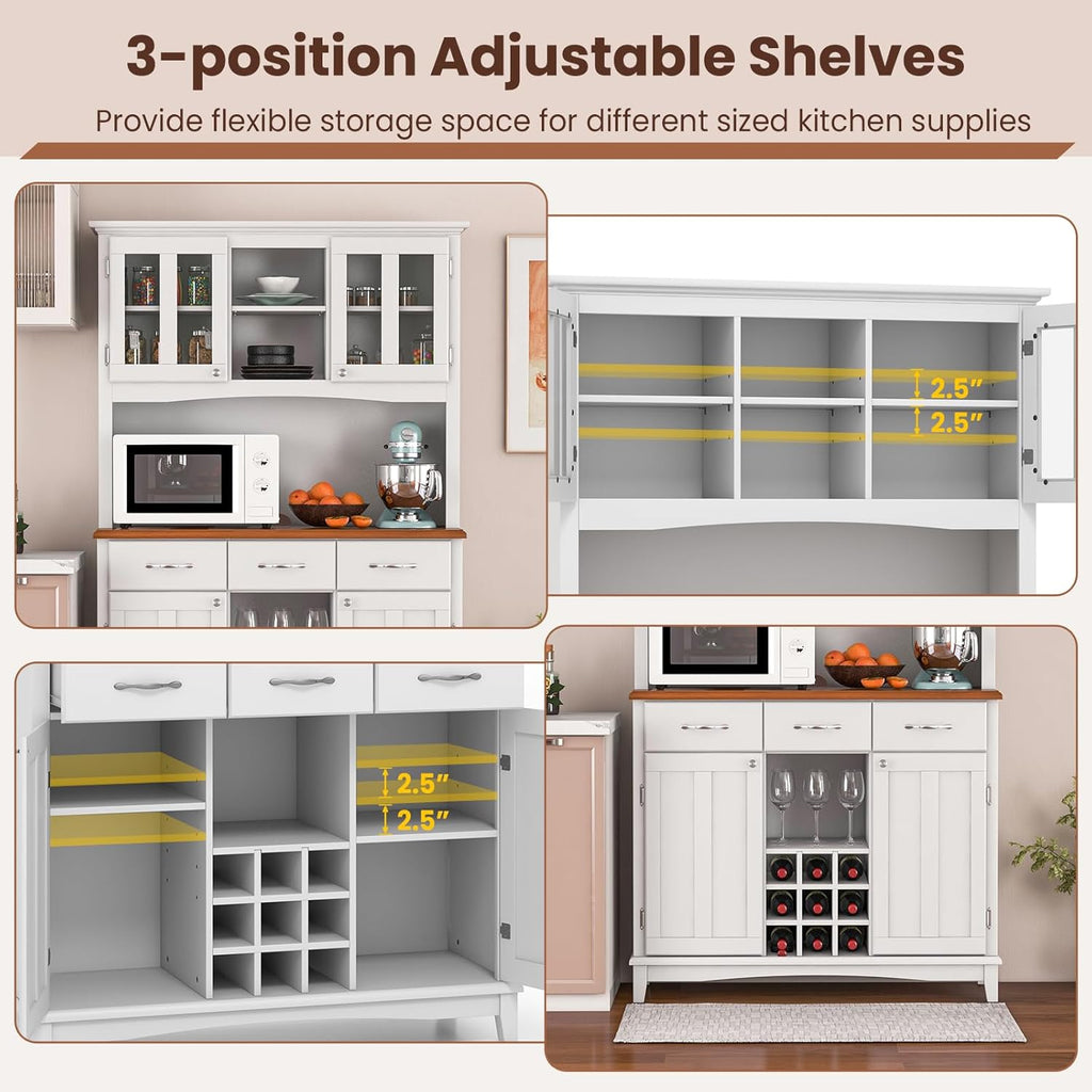 Moccha Kitchen Hutch with Storage, Farmhouse Buffet Cabinet Cupboard with Glass Doors, Drawers, Wine Rack, Adjustable Shelves, Pantry Storage Cabinet Sideboard for Living Room, Dining Room, White