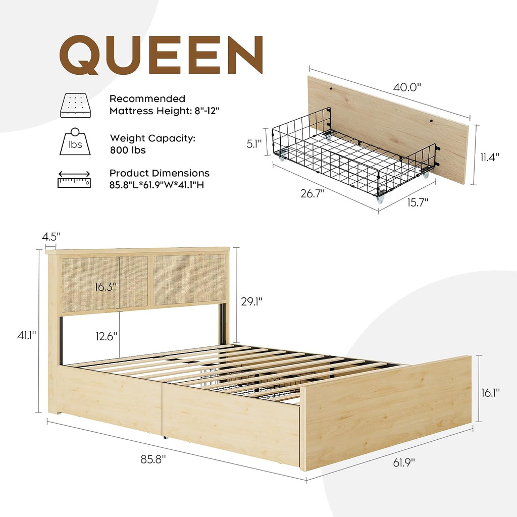 Brafab Natural Rattan Queen Bed Frame with Headboard, 4 Storage Drawers