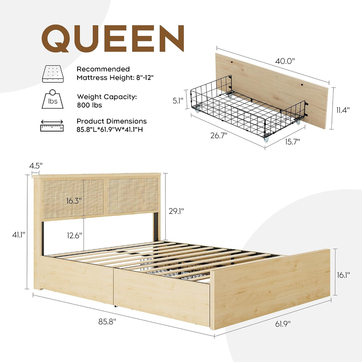 Brafab Natural Rattan Queen Bed Frame with Headboard, 4 Storage Drawers