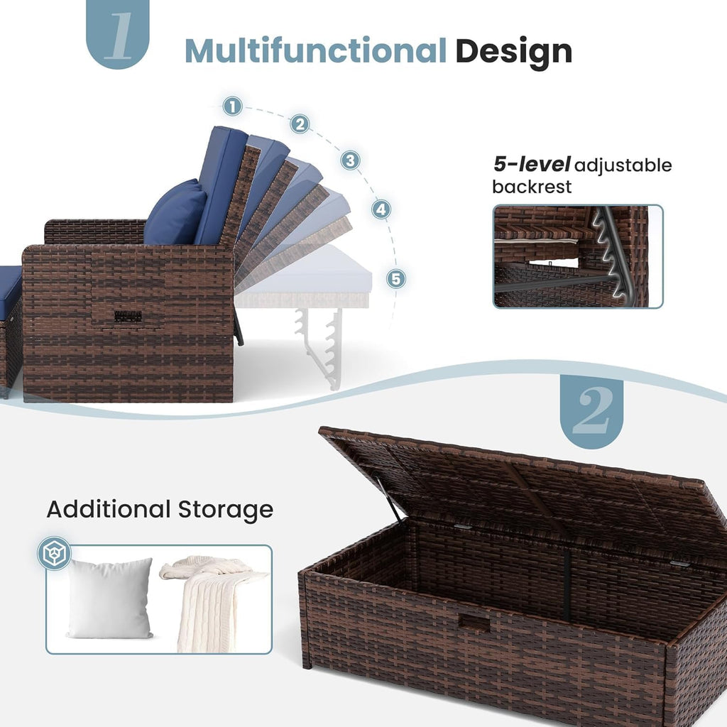 Amopatio Wicker Outdoor Daybed, Outdoor Loveseat with Storage Ottoman, Rattan Patio Daybed, Patio Loveseat with 4-Level Adjustable Backrest & Folding Tray, for Yard, Balcony, Porch, Poolside, Blue