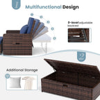 Amopatio Wicker Outdoor Daybed, Outdoor Loveseat with Storage Ottoman, Rattan Patio Daybed, Patio Loveseat with 4-Level Adjustable Backrest & Folding Tray, for Yard, Balcony, Porch, Poolside, Blue
