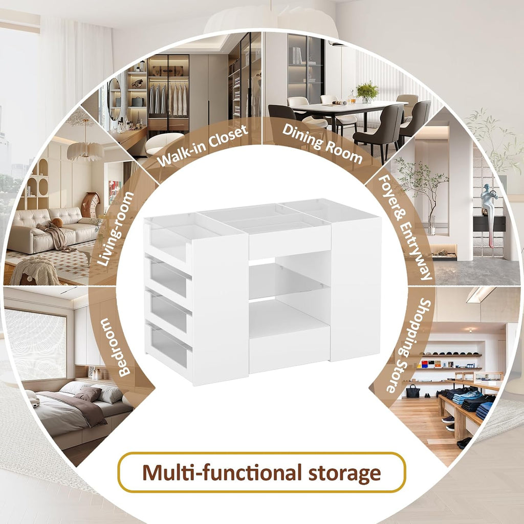 LIVAUVEAD Closet Island with 12 Drawers, Glass Top & Display Shelves, White | Wardrobe Armoire Bedroom Island, White Dresser with Glass Display Shelf, Walk-in Closet Island for Bedroom, Cloakroom