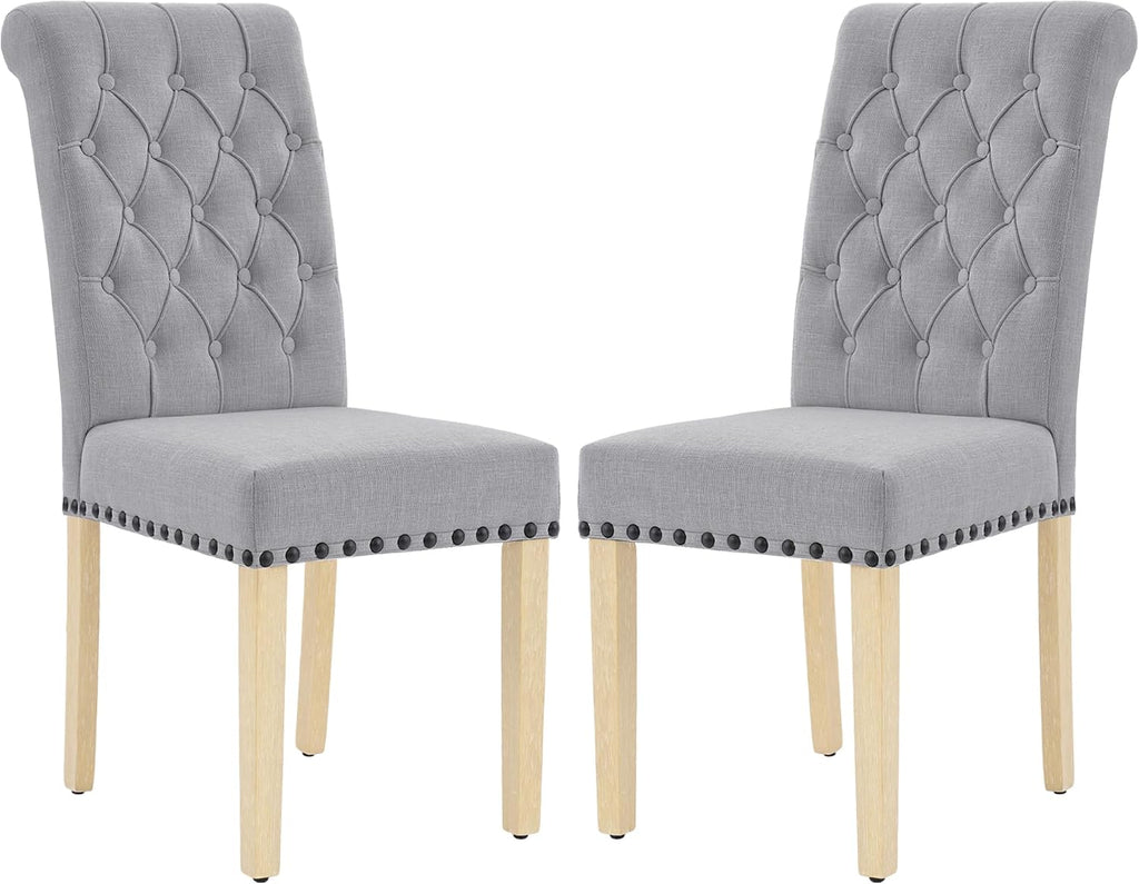 LOULENS Fabric Dining Chairs Set of 2, Modern Linen Upholstered Parson Chairs with Button Tufting and Solid Wood Legs for Kitchen & Dining Room, Light Gray