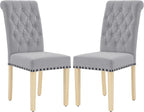 LOULENS Fabric Dining Chairs Set of 2, Modern Linen Upholstered Parson Chairs with Button Tufting and Solid Wood Legs for Kitchen & Dining Room, Light Gray