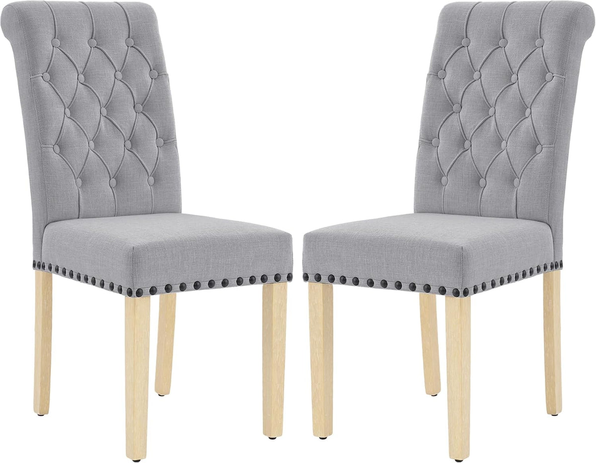 LOULENS Fabric Dining Chairs Set of 2, Modern Linen Upholstered Parson Chairs with Button Tufting and Solid Wood Legs for Kitchen & Dining Room, Light Gray