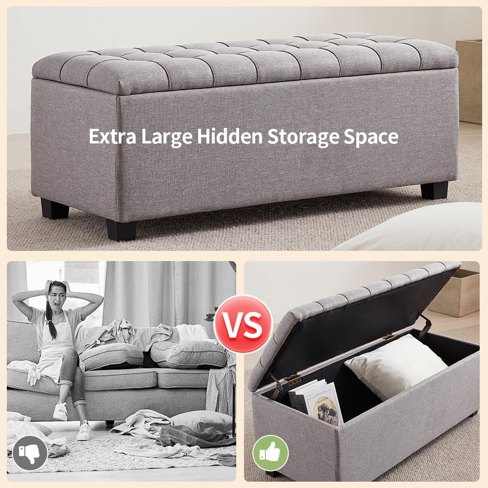 38-inch Grey Fabric Storage Ottoman Bench with Hinged Lid - Long End of Bed Bench for Bedroom, Living Room & Entryway, Footrest Seat Trunk