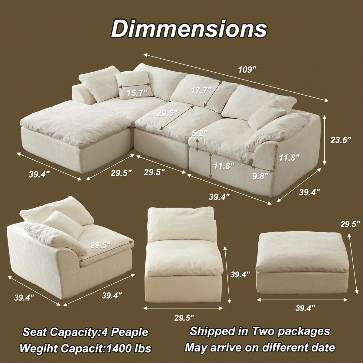 Oversized Cloud Couch Sectional Sofa for Living Room, Modular L Shaped Chenille Sofa with Chaise Lounge, Deep Seat Convertible Couch, Compressed No Assembly Floor Sofa (White)