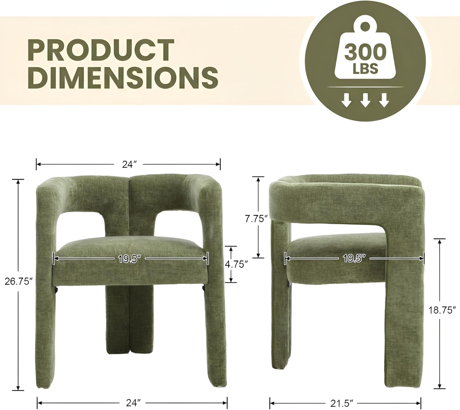 VESCASA Modern Barrel Dining Chairs Set of 2 with Open Back, Chenille Upholstered Accent Kitchen Armchairs with Wood Legs for Dining Room Reception Small Space, Green
