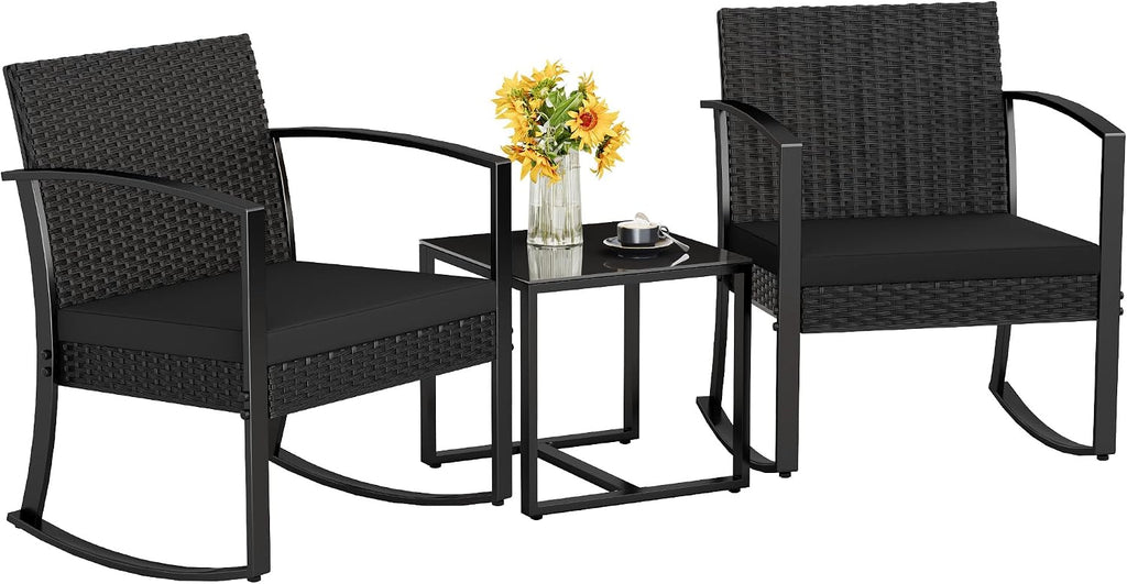 Homall Patio Furniture Set 3 Piece Resin Outdoor Bistro Set Rocking Patio Chairs with Cushions and Table for Porch, Poolside, Balcony and Yard (Black) | Patio Furniture Set 3 Piece Rocking Patio Chairs with Cushions and Table for Porch, Poolside, Balcony