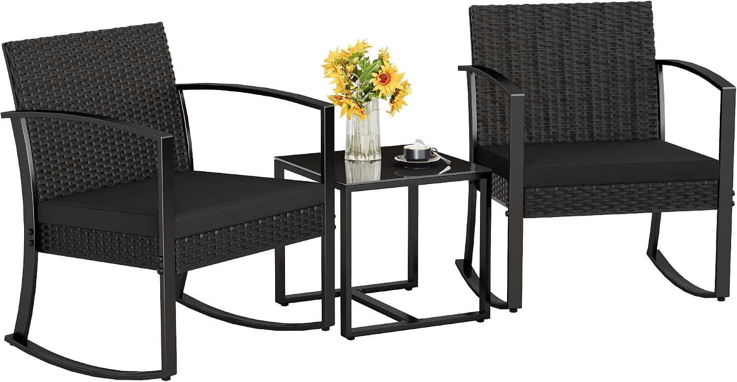 Homall Patio Furniture Set 3 Piece Resin Outdoor Bistro Set Rocking Patio Chairs with Cushions and Table for Porch, Poolside, Balcony and Yard (Black) | Patio Furniture Set 3 Piece Rocking Patio Chairs with Cushions and Table for Porch, Poolside, Balcony