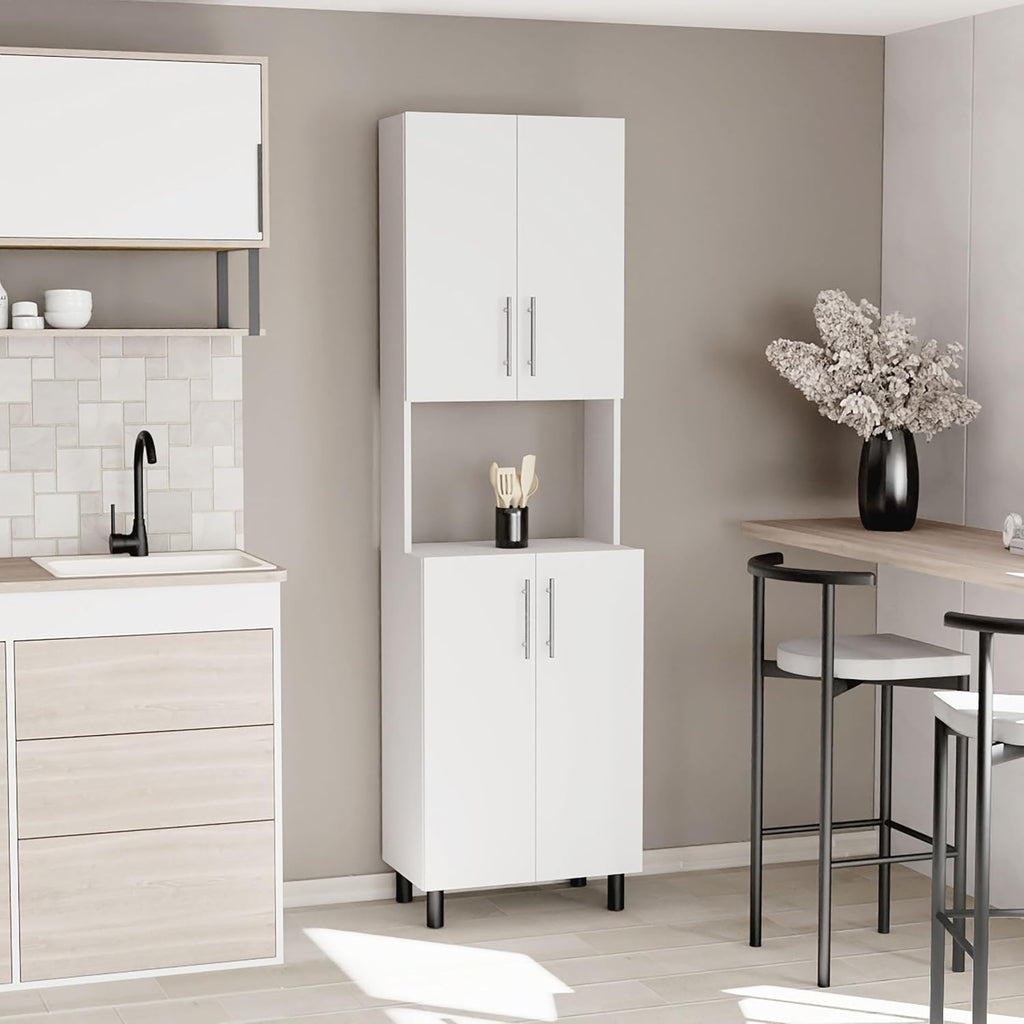 Tuhome Linden 76.8" Tall Kitchen Pantry Cabinet, Freestanding Pantry Cabinets for Kitchen Storage, 4 Doors, Open Microwave Hutch Shelf, 5 Shelves, White