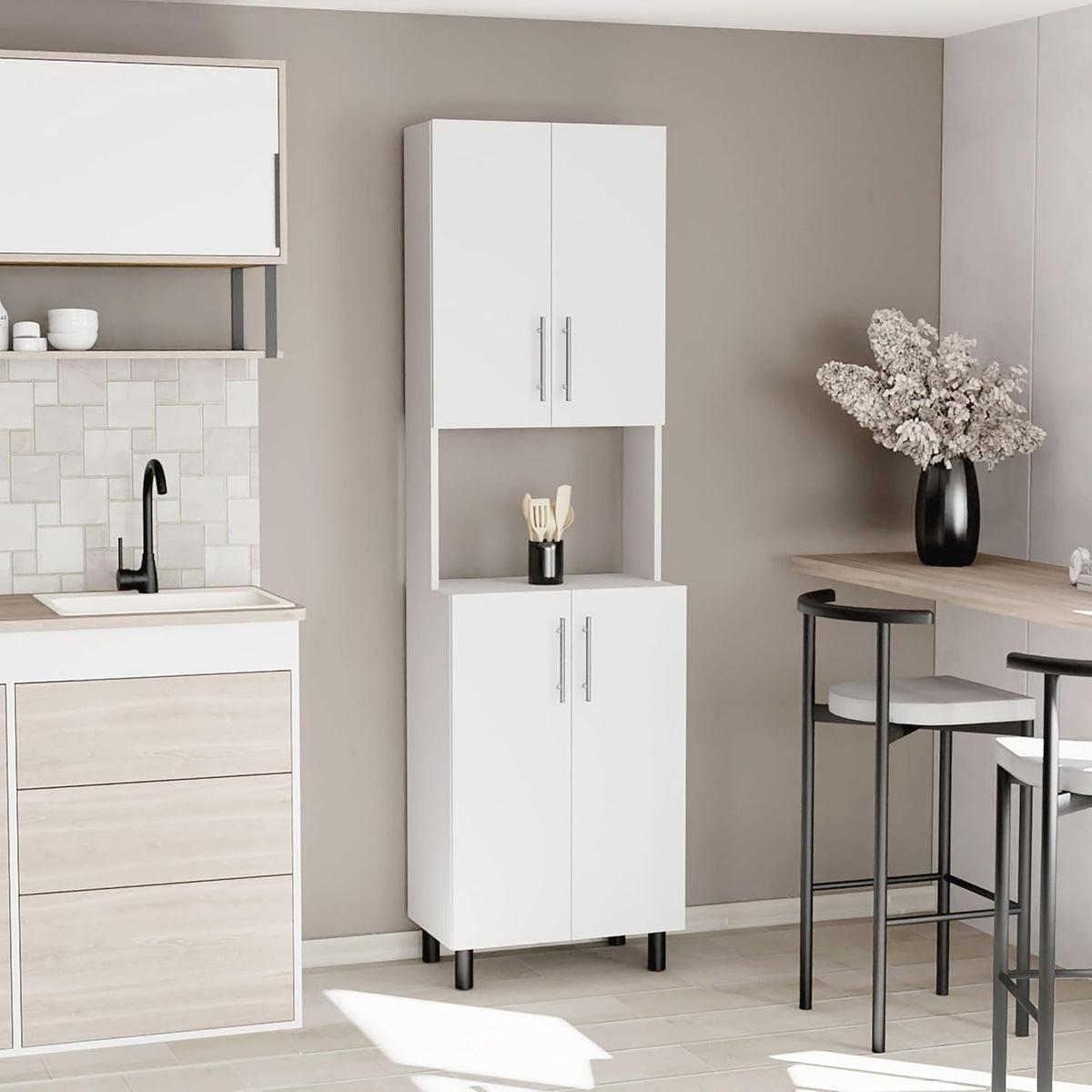 Tuhome Linden 76.8" Tall Kitchen Pantry Cabinet, Freestanding Pantry Cabinets for Kitchen Storage, 4 Doors, Open Microwave Hutch Shelf, 5 Shelves, White